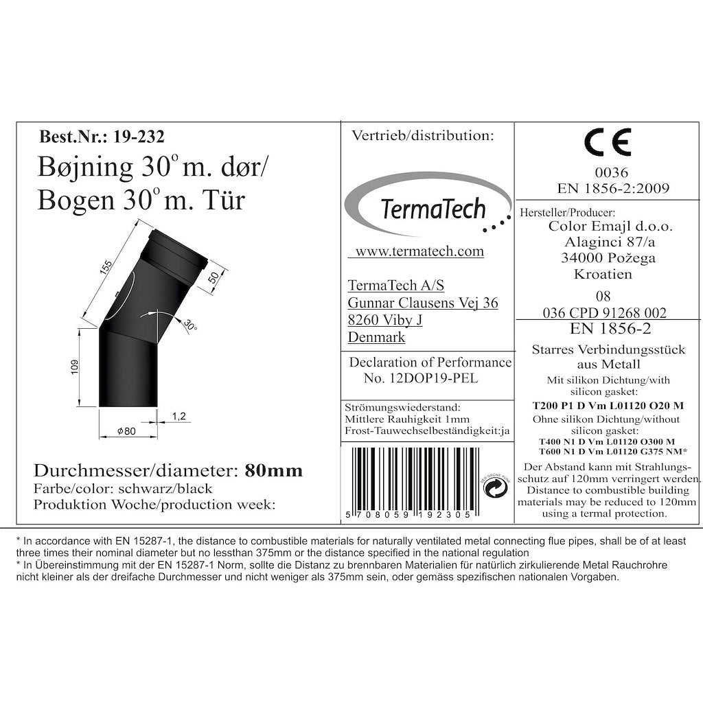 Bogen 30° Ø80mm m. Tür