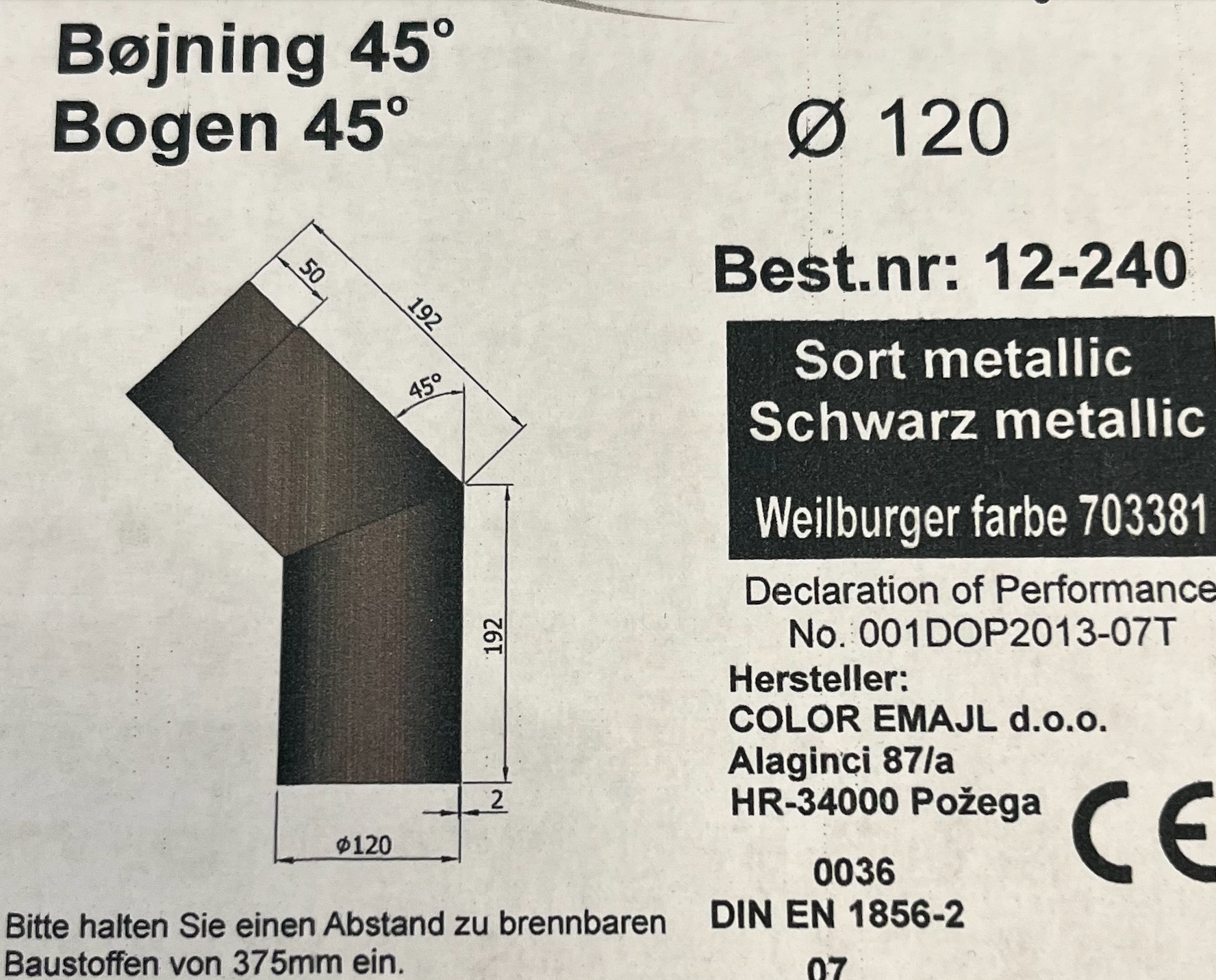 Bøjning 45 grader Ø120 mm