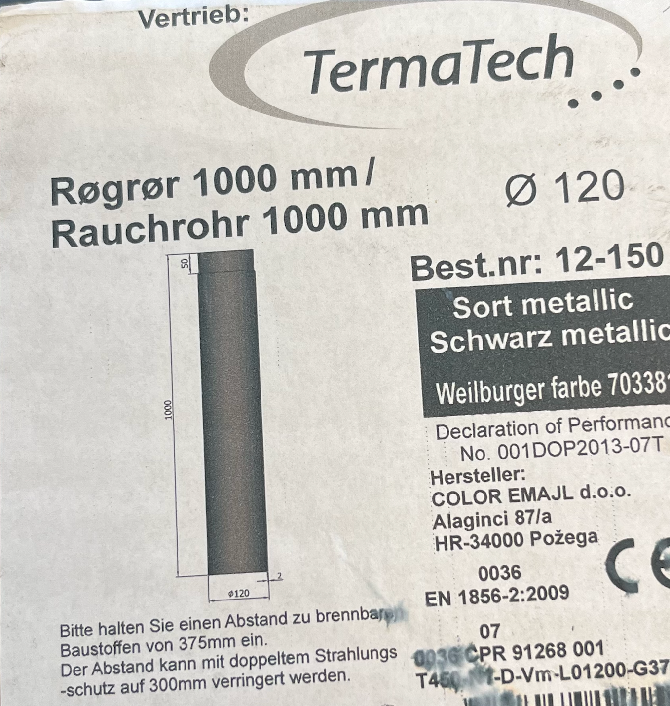 Rauchrohr gerade Ø120 mm, verschiedene Längen