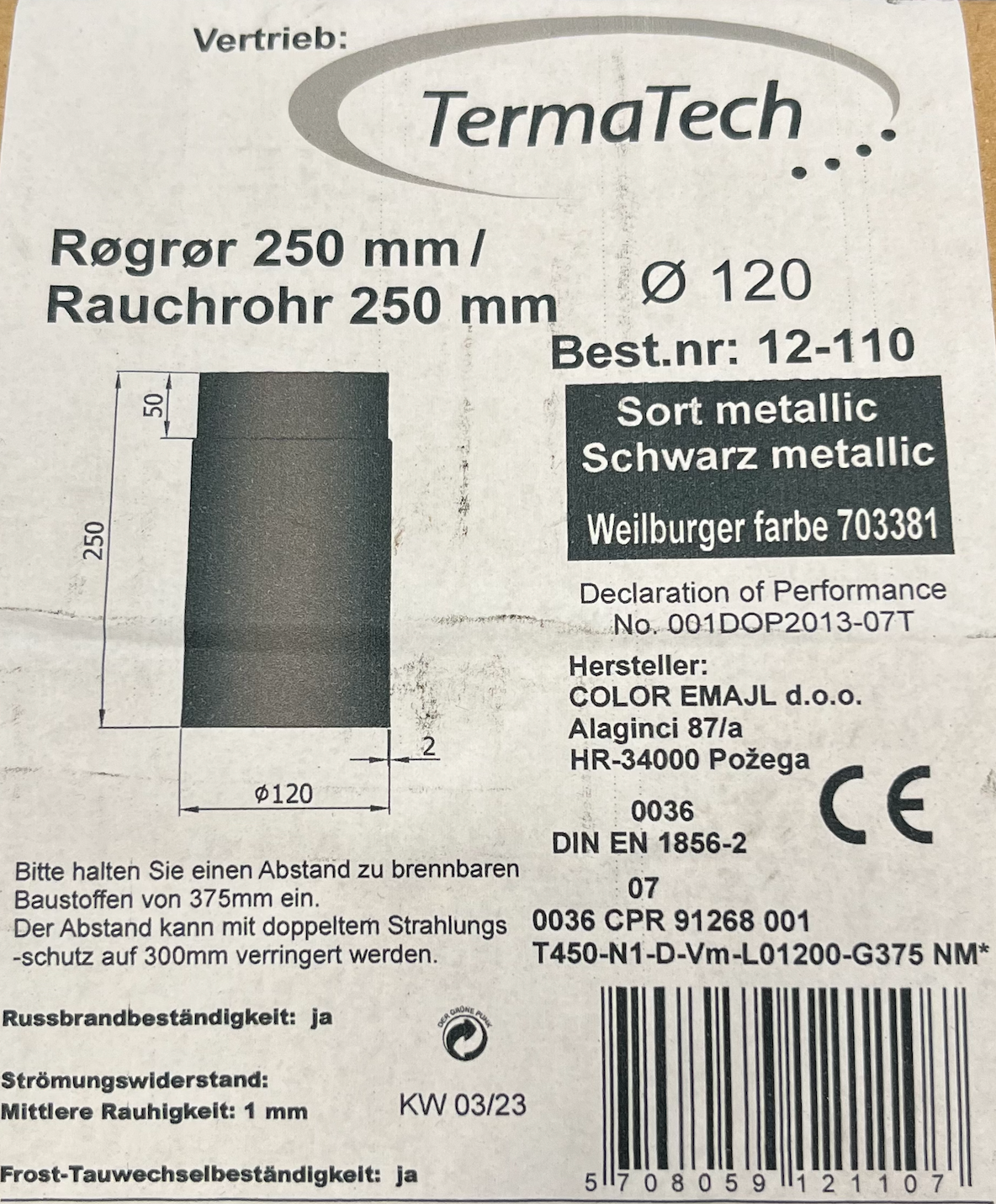 Rauchrohr gerade Ø120 mm, verschiedene Längen