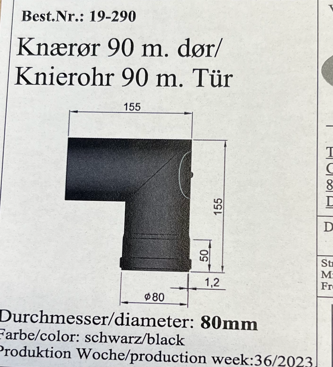 Bøjning 90° Ø80mm med Dør