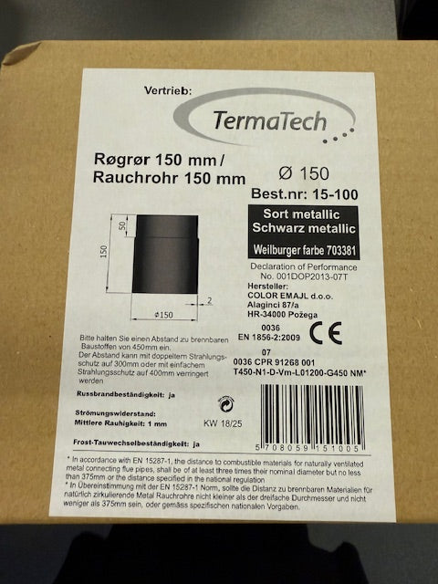 Rauchrohr gerade Ø150mm schwarz, verschiedene Längen