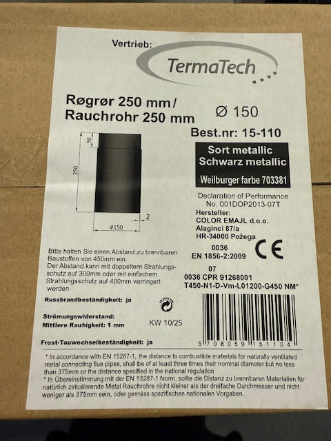 Rauchrohr gerade Ø150mm schwarz, verschiedene Längen