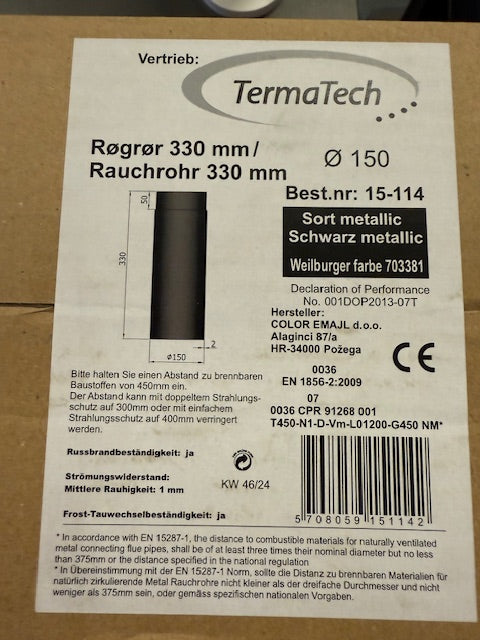 Rauchrohr gerade Ø150mm schwarz, verschiedene Längen