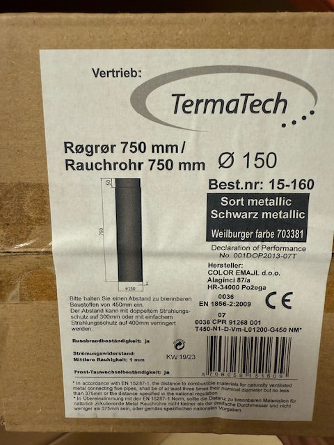 Rauchrohr gerade Ø150mm schwarz, verschiedene Längen