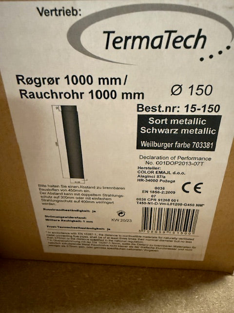 Rauchrohr gerade Ø150mm schwarz, verschiedene Längen